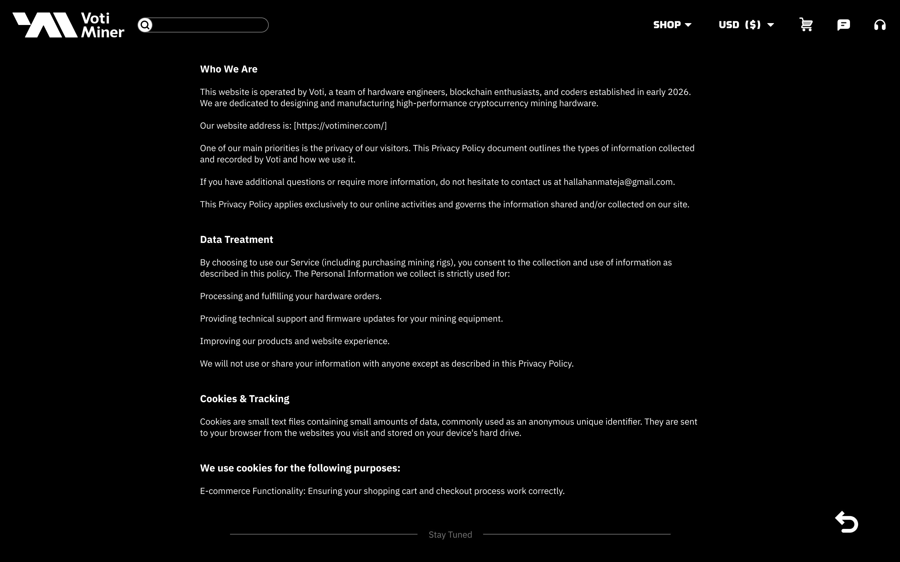 VotiMiner privacy policy page exported from Figma